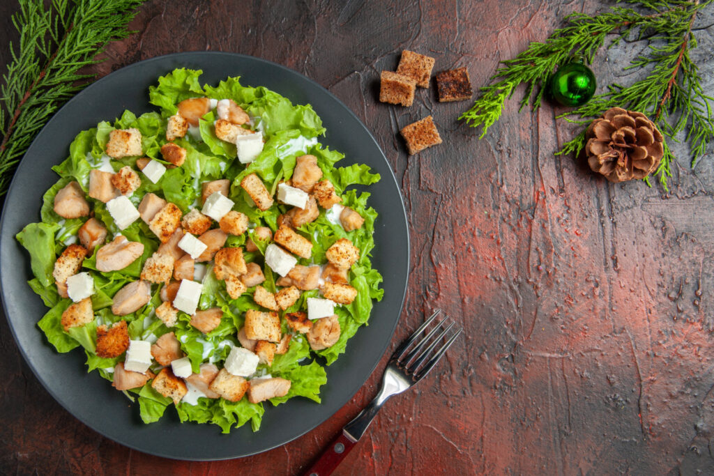 salad bowl with leafy veggies and tofu